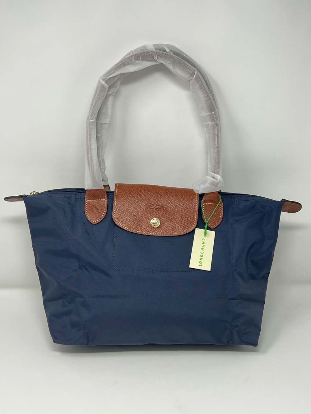 Longchamp Le Pliage Original Medium Navy Shoulder Tote Brown Leather NWT